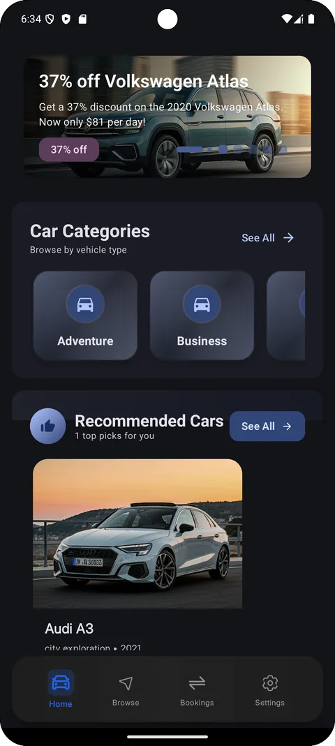RentalWheels Home Screen