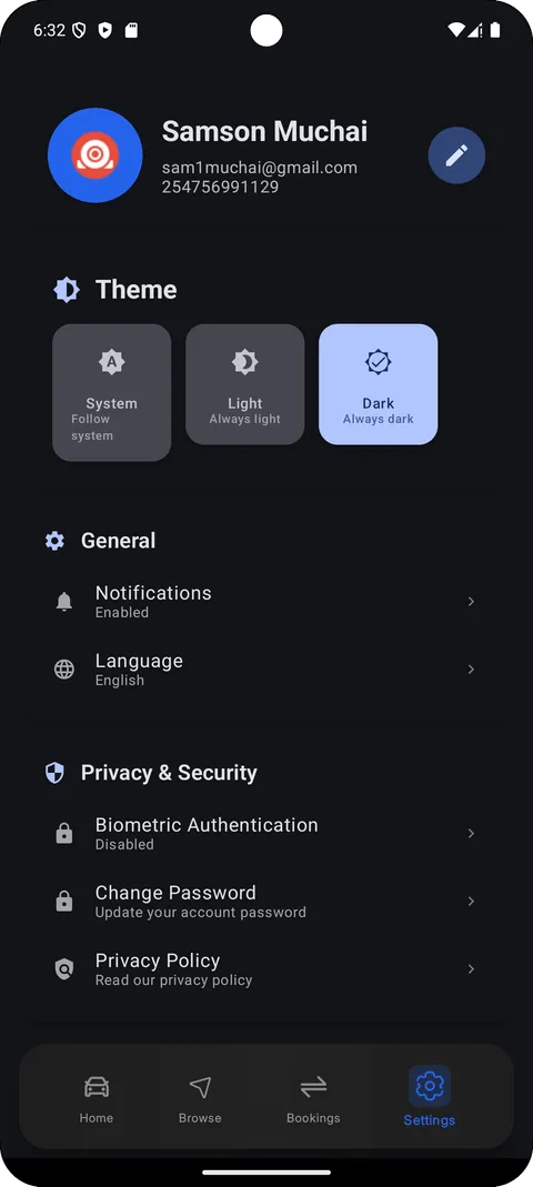 RentalWheels Dark Mode Settings